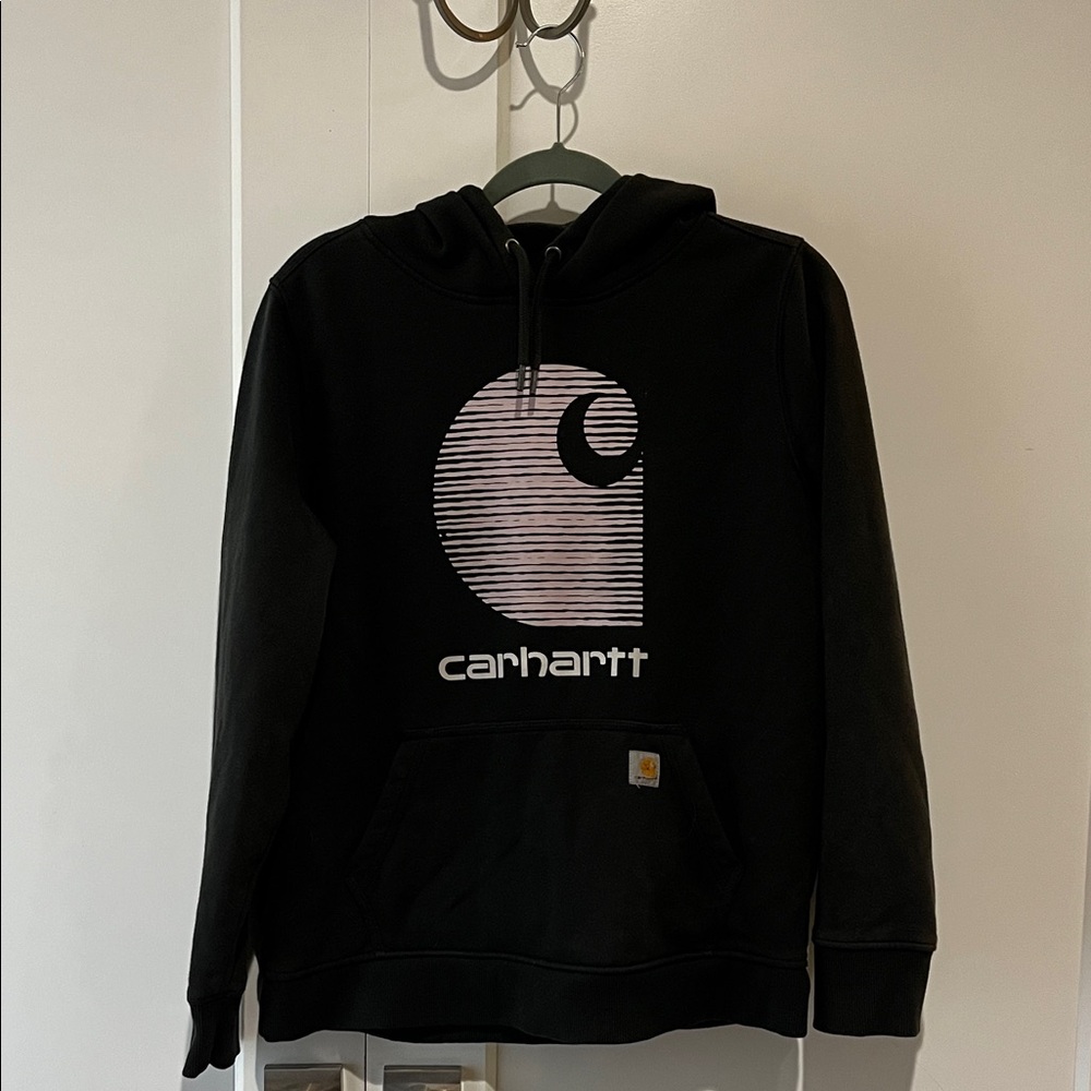 Women’s Carhartt Large Black Hoodie with Pink Striped Logo